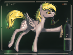 Size: 2000x1500 | Tagged: safe, artist:madhotaru, character:derpy hooves, species:pegasus, species:pony, camera shot, experiment, female, folded wings, mare, oil can, oxygen tank, ozone, recording, russian, safety last!, solo, this will end in tears, what could possibly go wrong