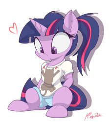 Size: 900x981 | Tagged: dead source, safe, artist:mistydash, character:twilight sparkle, species:pony, species:unicorn, clothing, female, heart, mare, ponytail, shirt, solo