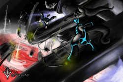 Size: 1200x800 | Tagged: safe, artist:tetrapony, character:octavia melody, character:pipsqueak, armor, duo, fight, space