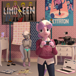 Size: 2500x2500 | Tagged: safe, artist:tahublade7, character:diamond tiara, character:silver spoon, species:anthro, species:plantigrade anthro, 3d, arin hanson face, bedroom, blackmail, blue underwear, camera, clothing, computer, crossed arms, daz studio, homestar runner, humiliation, jeans, laptop computer, limozeen, mettaton, panties, pants, picture, pony print underwear, skirt, socks, story included, sweater, tank top, tongue out, undertale, underwear, windows, windows 10, youtube