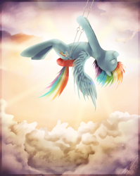 Size: 1500x1887 | Tagged: safe, artist:imalou, character:rainbow dash, species:pegasus, species:pony, cloud, cloudy, eyes closed, female, sitting, solo, spread wings, swing, swinging, wings