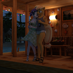 Size: 2000x2000 | Tagged: safe, artist:tahublade7, character:applejack, character:rarity, species:anthro, species:plantigrade anthro, ship:rarijack, 3d, alcohol, beach, beer, clothing, cocktail, daz studio, dress, feet, female, lesbian, night, shipping, shorts, snuggling