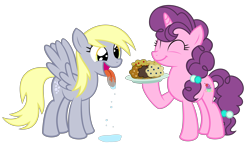 Size: 5898x3500 | Tagged: safe, artist:kuren247, character:derpy hooves, character:sugar belle, species:pegasus, species:pony, absurd resolution, drool, female, food, happy, mare, muffin, smiling, that pony sure does love muffins, tongue out
