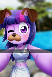 Size: 800x1184 | Tagged: safe, artist:fj-c, character:twilight sparkle, species:dog, my little pony:equestria girls, belly button, clothing, doggirl, female, lol, midriff, selfie, snapchat, solo, tank top