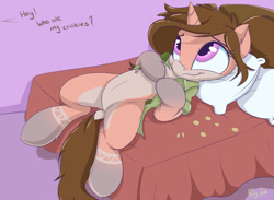 Size: 900x658 | Tagged: dead source, safe, artist:mistydash, oc, oc only, oc:grace fairweather, species:pony, species:unicorn, bed, belly, chest fluff, clothing, cookie, cookie thief, crumbs, cute, dock, featureless crotch, female, food, freckles, looking up, mare, on back, shirt, smiling, solo