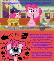 Size: 1920x2160 | Tagged: safe, artist:headless rainbow, artist:joeywaggoner, edit, screencap, character:pinkie pie, species:earth pony, species:pony, episode:the saddle row review, episode:too many pinkie pies, g4, my little pony: friendship is magic, callback, clashing text color, clone, clothing, death, diane, discovery family logo, eating, faec, fedora, food, fridge horror, frown, grin, hat, headcanon, implied mirror pool, interview, looking at you, looking back, massacre, messy eating, mirror pool, murder, nightmare fuel, overthinking it, pancakes, pinkie clone, pinkie clone debate, ponidox, puffy cheeks, raised eyebrow, restaurant, self ponidox, smirk, table, text, the clone that got away, wall of text, wide eyes