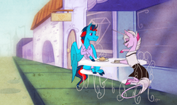 Size: 4418x2637 | Tagged: safe, artist:probablyfakeblonde, oc, oc only, oc:andrew swiftwing, oc:masquerade, species:pegasus, species:pony, species:unicorn, absurd resolution, blouse, canterlot, chair, clothing, couple, date, duo, female, horn, male, shirt, skirt, smiling, table, wings