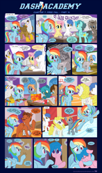 Size: 1248x2123 | Tagged: safe, artist:sorcerushorserus, character:firefly, character:fluttershy, character:gilda, character:rainbow dash, character:surprise, species:griffon, species:pegasus, species:pony, comic:dash academy, g1, argie ribbs, baby ribbs, brolly, cafeteria, comic, crossword puzzle, crying, dice, dungeons and dragons, female, g1 to g4, generation leap, gym, gymnasium, hug, lunch, male, mare, newspaper, school, semi-grimdark series, stallion, suggestive series, tears of pain, whitewash