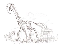 Size: 917x704 | Tagged: safe, artist:madhotaru, oc, oc only, oc:twiggy, species:earth pony, species:pony, carriage, giraffe, monochrome, wagon