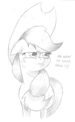 Size: 752x1222 | Tagged: safe, artist:saturdaymorningproj, character:applejack, episode:applejack's day off, female, floppy ears, grayscale, monochrome, pouting, simple background, solo, traditional art