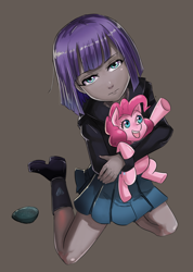 Size: 800x1125 | Tagged: safe, artist:tzc, character:boulder, character:maud pie, character:pinkie pie, species:pony, my little pony:equestria girls, boots, brown background, clothing, cute, equestria girls-ified, holding a pony, looking at you, pleated skirt, simple background, skirt