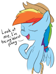 Size: 449x589 | Tagged: safe, artist:zippysqrl, derpibooru original, character:rainbow dash, species:pegasus, species:pony, accessory swap, applejack's hat, bipedal, clothing, cowboy hat, dialogue, drama bait, eyes closed, female, hat, hoof hold, mare, op is trying to start shit, open mouth, pointing, rainbow douche, rope, smiling, solo, speech, worst pony