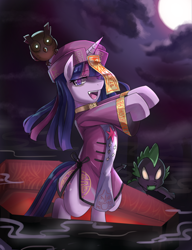 Size: 600x780 | Tagged: safe, artist:tzc, character:owlowiscious, character:spike, character:twilight sparkle, species:dragon, species:owl, species:pony, species:unicorn, clothing, coffin, fangs, female, full moon, jiangshi, looking at you, male, mare, moon, open mouth, vampire, zombie
