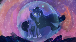 Size: 1920x1080 | Tagged: dead source, safe, artist:hierozaki, character:princess luna, species:alicorn, species:pony, bubble, female, force field, glowing horn, hi, magic, smiling, solo