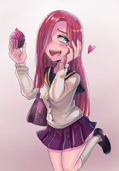Size: 800x1141 | Tagged: safe, artist:tzc, character:pinkamena diane pie, character:pinkie pie, species:human, my little pony:equestria girls, blushing, cupcake, female, food, heart, humanized, nail polish, solo, yandere, yandere pie