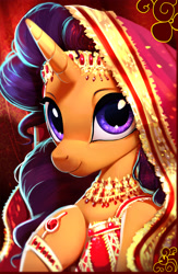 Size: 3242x4977 | Tagged: safe, artist:imalou, character:saffron masala, species:pony, species:unicorn, episode:spice up your life, g4, my little pony: friendship is magic, beautiful, bust, chef, cute, female, hoof on chest, indian, jewelry, looking at you, mare, portrait, saffronbetes, smiling, solo, stunning beauty, three quarter view