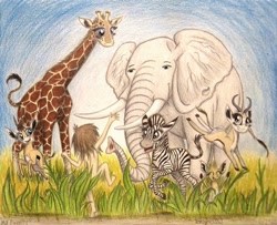 Size: 992x806 | Tagged: safe, artist:thefriendlyelephant, oc, oc only, oc:kekere, oc:mmiri, oc:obi, oc:salma, oc:zeka, species:human, species:zebra, africa, animal in mlp form, antelope, barely pony related, cloven hooves, commission, dik dik, elephant, gazelle, giraffe, horns, long neck, plants, springbok, strategically covered, stripes, traditional art, tusk