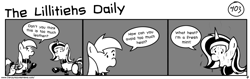 Size: 1280x404 | Tagged: safe, artist:tetrapony, oc, oc only, oc:lilith, comic:the daily derp, collar, comic, leather, monochrome, sweat