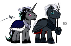 Size: 900x586 | Tagged: safe, artist:bgn, oc, oc only, oc:night shield, oc:prince animas, parent:king sombra, parent:princess celestia, parents:celestibra, species:alicorn, species:pony, alicorn oc, duo, duo male, explicit source, male, offspring