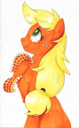 Size: 1676x2713 | Tagged: safe, artist:frozensoulpony, character:applejack, crying, female, implied granny smith, shawl, solo, teary eyes, traditional art