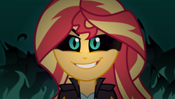 Size: 6381x3590 | Tagged: safe, artist:orin331, artist:orinuri, character:sunset shimmer, my little pony:equestria girls, black sclera, dark magic, evil, evil grin, female, fire, glowing eyes, looking at you, magic, solo