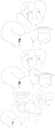 Size: 1280x2954 | Tagged: safe, artist:purple-yoshi-draws, character:pinkie pie, oc, oc:hattsy, species:pony, armpits, bipedal, chubby, clothing, comic, hat, lineart, magic trick, magician, monochrome, pinkie being pinkie, pinkie physics, surprised, wide hips