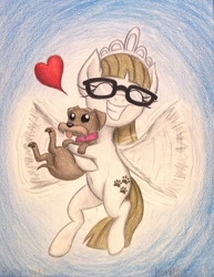 Size: 785x1017 | Tagged: safe, artist:thefriendlyelephant, character:zipporwhill, species:dog, species:pegasus, species:pony, belly button, commission, cute, filly, glasses, heart, hug, jewelry, midair, paw prints, pet, puppy, ripley, smiling, thefriendlyelephant is trying to murder us, tiara, traditional art, zipporbetes
