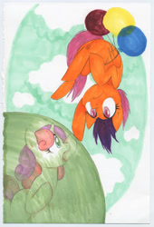 Size: 1906x2796 | Tagged: safe, artist:frozensoulpony, character:scootaloo, character:sweetie belle, species:pegasus, species:pony, balloon, bubble, in bubble, traditional art