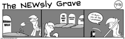 Size: 1604x506 | Tagged: safe, artist:tetrapony, character:derpy hooves, character:dinky hooves, species:pegasus, species:pony, comic:the daily derp, bronyville podcast, comic, equestria gaming, female, grave, mare, monochrome, shovel, the daily oat