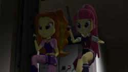 Size: 1920x1080 | Tagged: safe, artist:razethebeast, character:adagio dazzle, character:sour sweet, my little pony:equestria girls, 3d, clothing, fingerless gloves, freckles, gloves, gun, jewelry, necklace, no trigger discipline, pendant, raised leg, school uniform, skirt, strategically covered, weapon