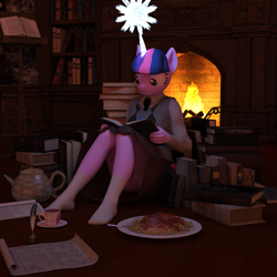 Size: 2000x2000 | Tagged: safe, artist:tahublade7, character:twilight sparkle, species:anthro, species:plantigrade anthro, 3d, book, clothing, cup, daz studio, fireplace, food, magic, missing shoes, panties, pasta, quill, skirt, socks, spaghetti, story included, striped underwear, teacup, that pony sure does love books, underwear, upskirt