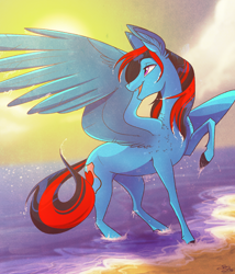 Size: 3500x4090 | Tagged: safe, artist:probablyfakeblonde, oc, oc only, oc:andrew swiftwing, species:pegasus, species:pony, beach, cloud, cutie mark, looking away, male, mane down, sand, smiling, stallion, sun, water, wet, wet mane