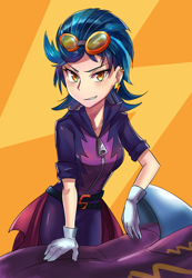 Size: 600x868 | Tagged: safe, artist:tzc, character:indigo zap, equestria girls:friendship games, g4, my little pony: equestria girls, my little pony:equestria girls, clothing, ear piercing, earring, female, gloves, goggles, jewelry, looking at you, motocross, motorcross outfit, motorcycle, piercing, shadowbolts costume, short hair, smiling, solo, stupid sexy indigo zap