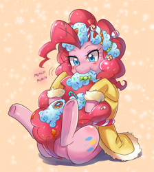 Size: 600x670 | Tagged: safe, artist:tzc, character:pinkie pie, species:earth pony, species:pony, candy, female, food, mare, munching, nom, solo, spirit of hearth's warming presents, sweets, tail bite, underhoof