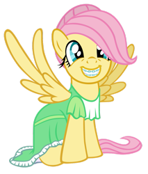 Size: 825x968 | Tagged: safe, artist:sorcerushorserus, character:fluttershy, species:pony, comic:dash academy, alternate hairstyle, braces, clothing, cute, dress, semi-grimdark series, shyabetes, simple background, suggestive series, teenager, transparent background, younger