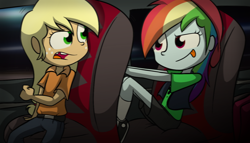 Size: 1280x731 | Tagged: safe, artist:fj-c, character:applejack, character:rainbow dash, my little pony:equestria girls, ashleigh ball, car, moving, seat, seats, stop, tongue out, voice actor joke