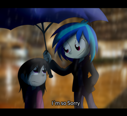 Size: 5470x5000 | Tagged: safe, artist:fj-c, character:dj pon-3, character:octavia melody, character:vinyl scratch, ship:scratchtavia, my little pony:equestria girls, absurd resolution, crying, eye contact, female, frown, lesbian, rain, sad, shipping, smiling, umbrella