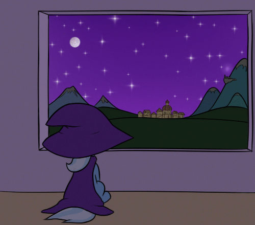 Size: 500x440 | Tagged: safe, artist:zippysqrl, character:trixie, species:pony, species:unicorn, 4th of july, animated, canterlot, female, fireworks, frame by frame, hill, mare, moon, mountain, night, sitting, solo, stars, the little magician, window