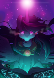 Size: 2700x3900 | Tagged: safe, artist:equestria-prevails, character:twilight sparkle, character:twilight sparkle (alicorn), species:alicorn, species:pony, book, evil, female, glow, glowing eyes, looking at you, magic, solo, tyrant sparkle
