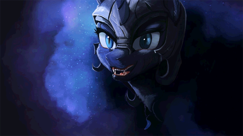 Size: 800x450 | Tagged: safe, artist:equum_amici, artist:hierozaki, character:nightmare moon, character:princess luna, amulet, animated, cinemagraph, fangs, female, helmet, laughing, portrait, scar, solo
