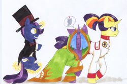 Size: 3200x2124 | Tagged: safe, artist:frozensoulpony, oc, oc only, oc:midnight prose, oc:stellar rays, oc:twilight warrior, parent:comet tail, parent:twilight sparkle, parents:cometlight, clothing, dress, hair over eyes, hat, offspring, top hat
