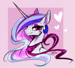 Size: 1280x1159 | Tagged: safe, artist:probablyfakeblonde, character:princess celestia, species:alicorn, species:pony, abstract background, alternate design, bedroom eyes, eyeshadow, female, goth, gothic, heart, looking at you, makeover, makeup, ponymania, portrait, punklestia, solo, tattoo