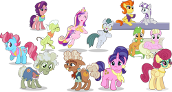 Size: 3447x1856 | Tagged: safe, artist:punzil504, character:apple leaves, character:cloudy quartz, character:cookie crumbles, character:cup cake, character:granny smith, character:millie, character:posey shy, character:princess cadance, character:spoiled rich, character:stormy flare, character:twilight velvet, species:pony, apple family member, background pony, cajun ponies, hooffield family, ma hooffield, ma switchell, mother, mother's day, simple background, transparent background, vector