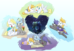 Size: 2300x1600 | Tagged: safe, artist:equestria-prevails, oc, oc only, oc:aster, oc:cloud skipper, oc:florence, oc:midnight blossom, species:bat pony, species:pegasus, species:pony, species:unicorn, blanket, book, cloudblossom, food, ice cream, night, ponies riding ponies, shooting star, stars, tongue out, wing hold