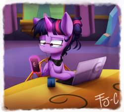 Size: 800x722 | Tagged: safe, artist:fj-c, character:twilight sparkle, character:twilight sparkle (alicorn), species:alicorn, species:pony, clothing, coffee mug, computer, female, glasses, headphones, laptop computer, phone, scarf, smartphone, solo, twilight's castle