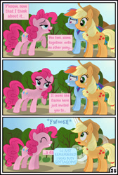 Size: 3254x4837 | Tagged: safe, artist:gutovi, character:applejack, character:pinkie pie, character:rainbow dash, species:pony, comic:why me!?, ship:appledash, ship:applepie, absurd resolution, bedroom eyes, comic, explicit series, female, lesbian, mare, shipping