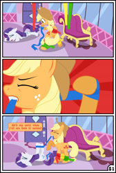 Size: 3254x4837 | Tagged: safe, artist:gutovi, character:applejack, character:rarity, species:pony, comic:why me!?, ship:rarijack, absurd resolution, bondage, carousel boutique, comic, explicit series, fainting couch, female, hogtied, lesbian, mare, massage, restrained, shipping