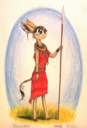 Size: 1048x1532 | Tagged: safe, artist:thefriendlyelephant, oc, oc only, oc:nuk, species:anthro, species:unguligrade anthro, africa, african culture, animal in mlp form, antelope, beads, bracelet, ear piercing, earring, gerenuk, jewelry, masai warrior, necklace, piercing, spear, traditional art, weapon