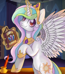 Size: 1024x1172 | Tagged: dead source, safe, artist:alphadesu, character:princess celestia, species:pony, bipedal, book, female, magic, smiling, solo, spread wings, table, telekinesis, wings