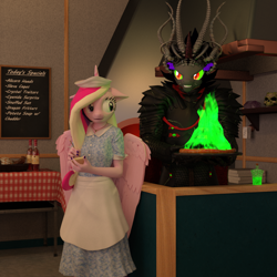 Size: 1500x1500 | Tagged: safe, artist:tahublade7, gameloft, character:king sombra, character:princess cadance, species:anthro, 3d, apron, armor, clothing, context in description, daz studio, food, hat, implied twilight sparkle, on fire, pizza, restaurant, sombra eyes, waitress, worried